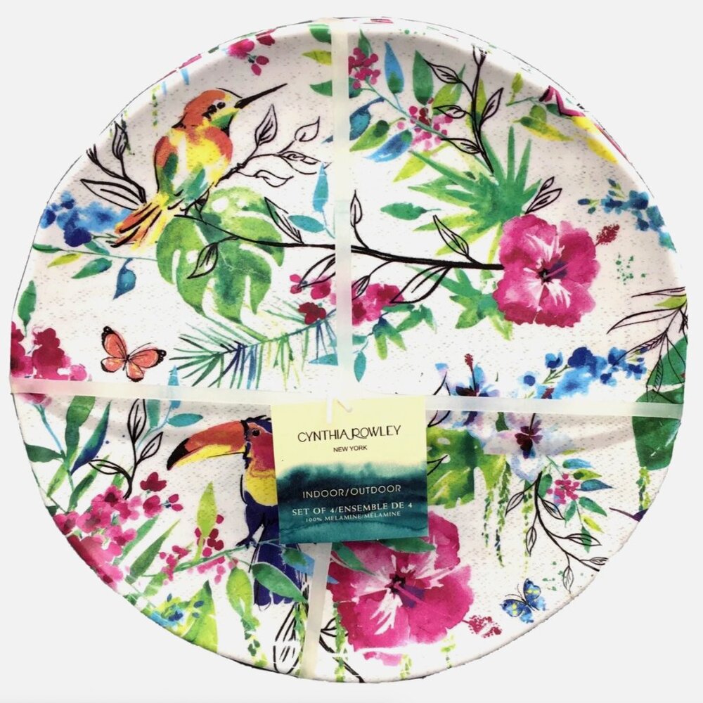 4 Cynthia Rowley Melamine Dinner Plate Set Tropical Floral Birds Toucan Hibiscus